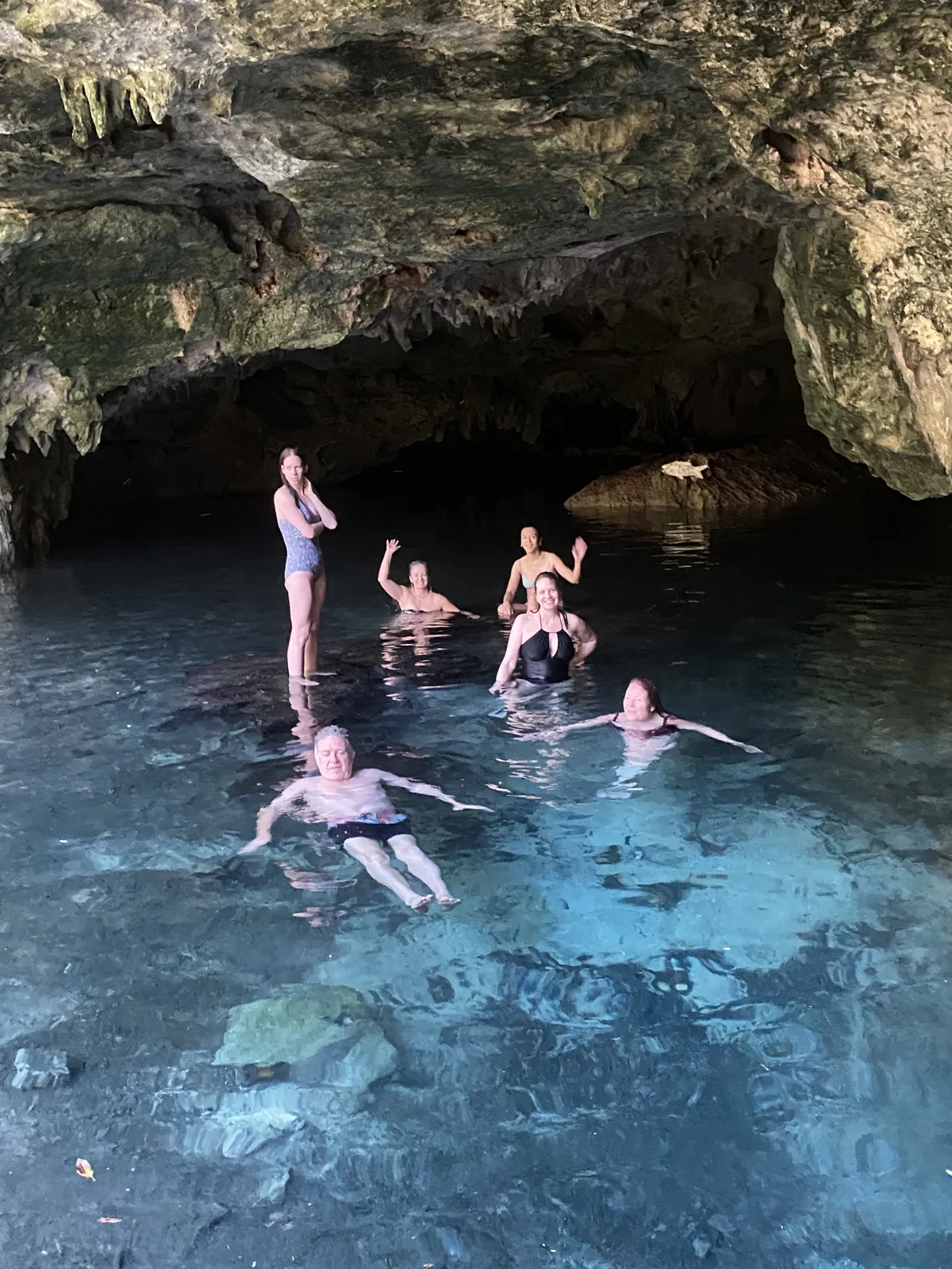 A Jungle Reboot group swimming in a cenote