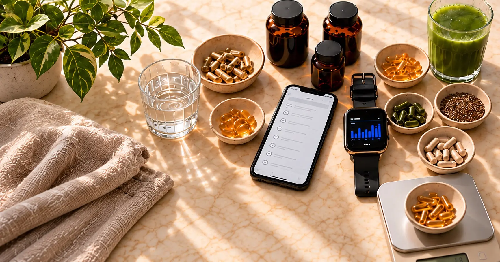 Supplements, a smartwatch, a phone checklist, a kitchen scale and a green drink on a stone countertop; AI-generated editorial illustration.