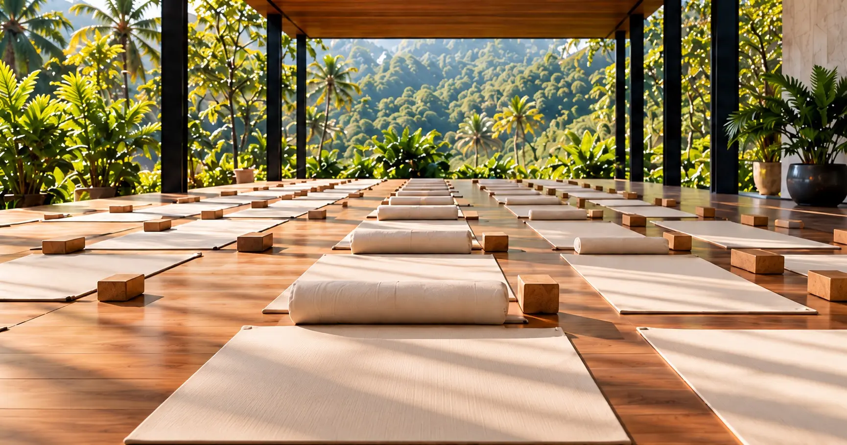 Rows of ivory yoga mats and bolsters in an open tropical pavilion; AI-generated editorial illustration.