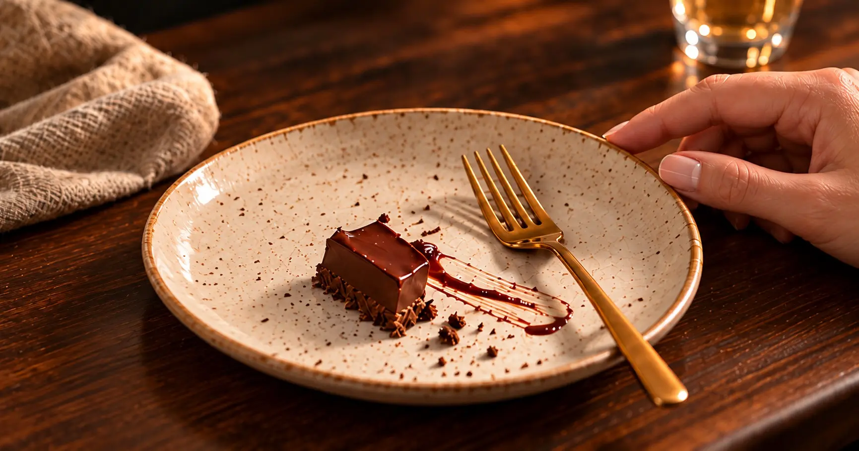 A hand beside a nearly empty dessert plate with one chocolate bite and a fork; AI-generated editorial illustration.