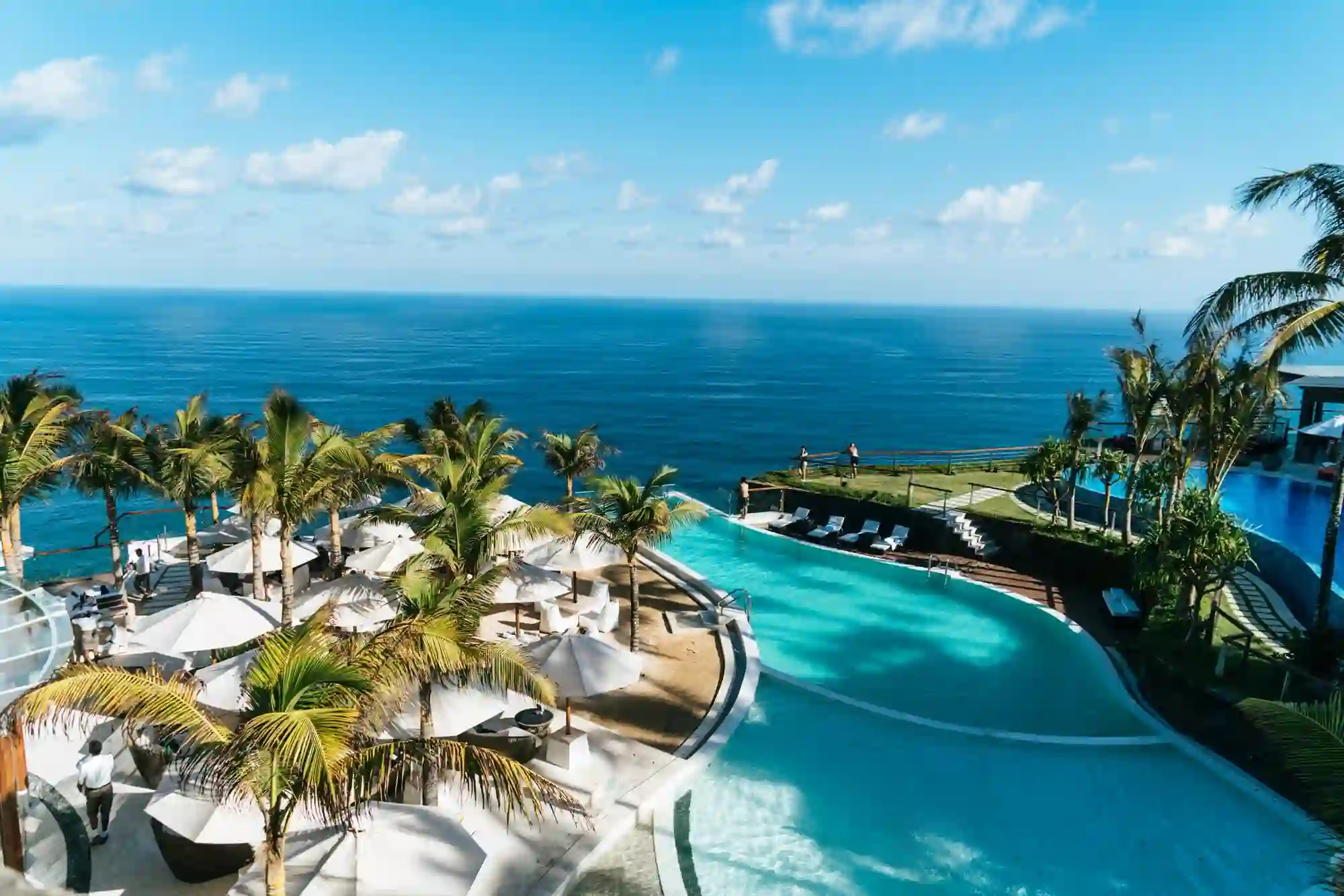 Beachfront resort pool with palm trees overlooking the Caribbean sea