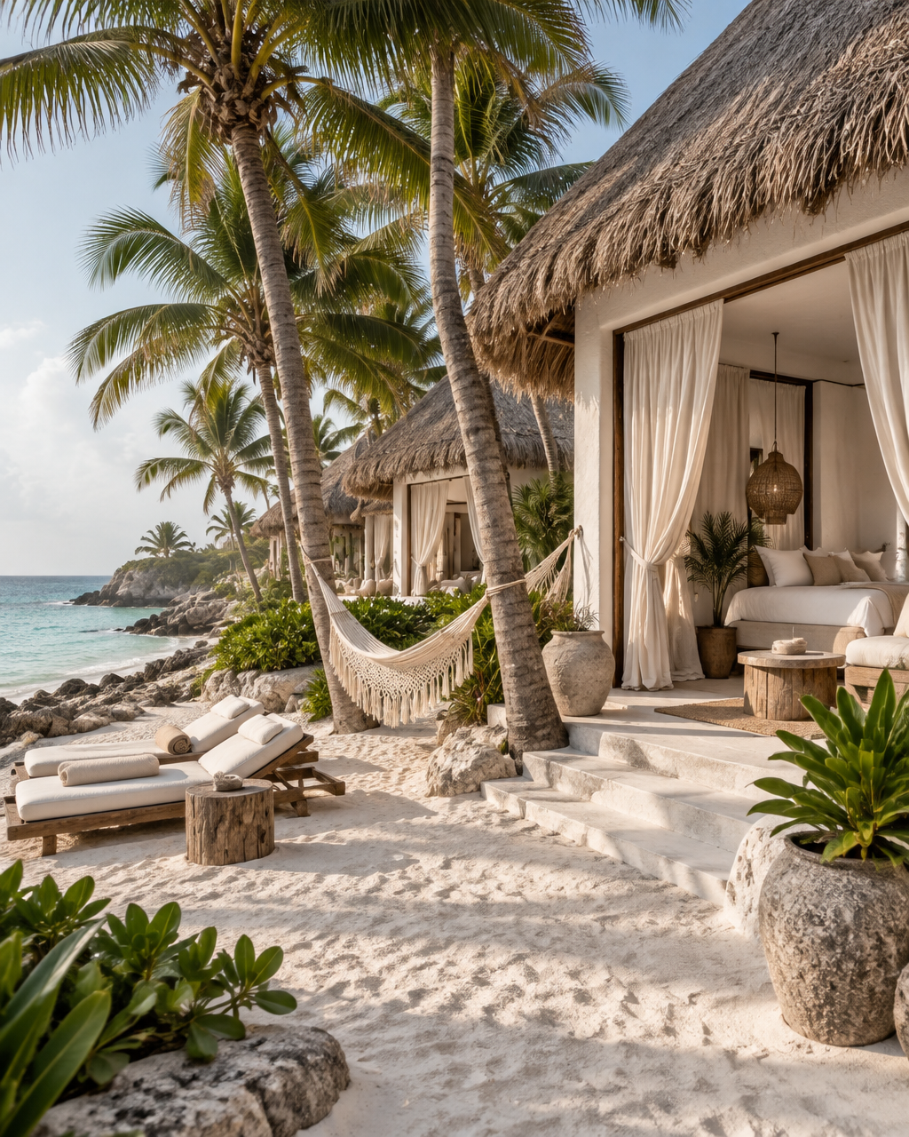 Boutique beachfront suites with palapa roofs on a white-sand Caribbean beach in the Riviera Maya
