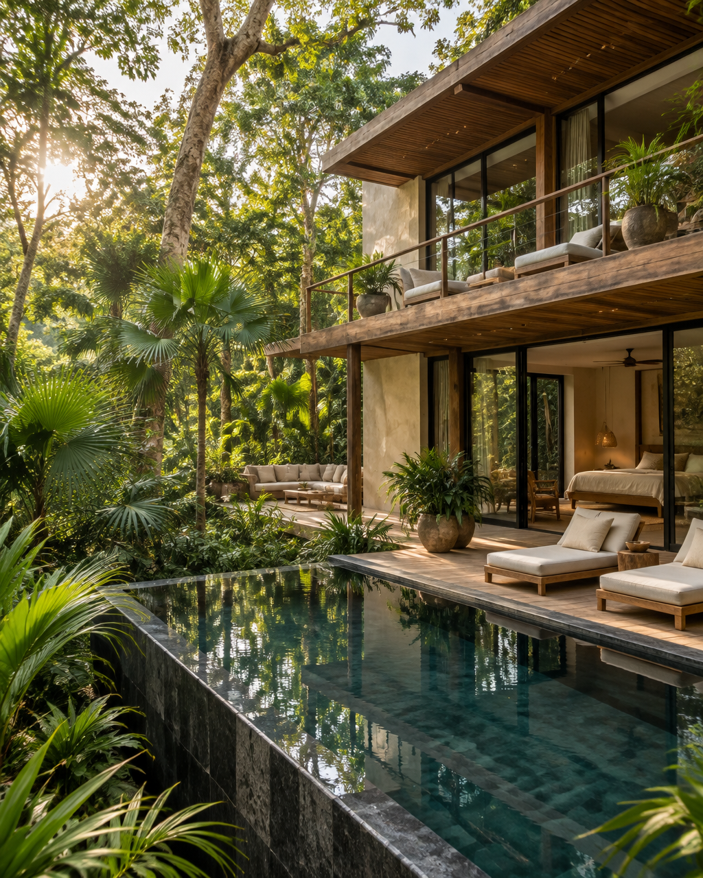 Contemporary luxury jungle lodge with terrace and plunge pool among tropical trees in the Riviera Maya
