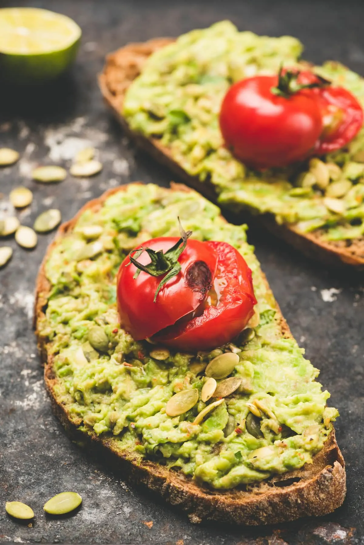 Avocado toast with tomato and seeds