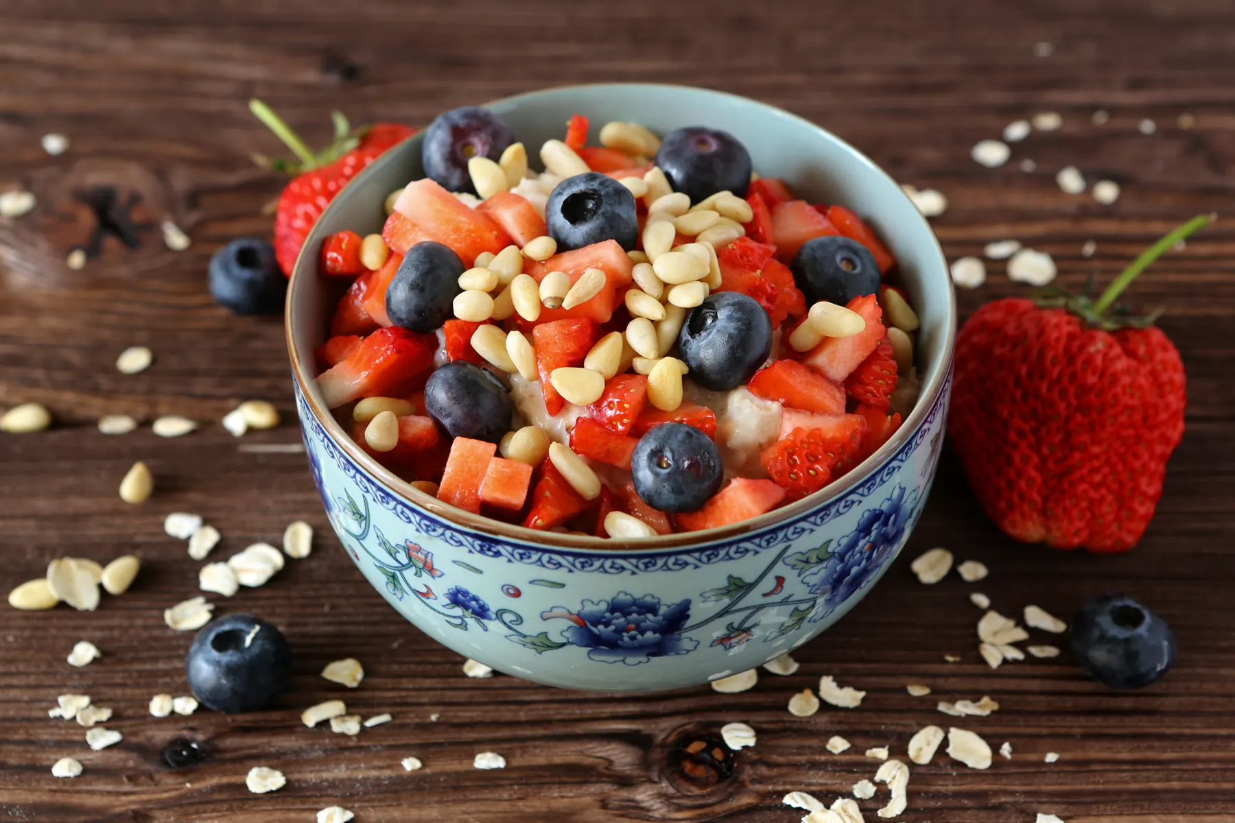 A breakfast bowl with berries and seeds