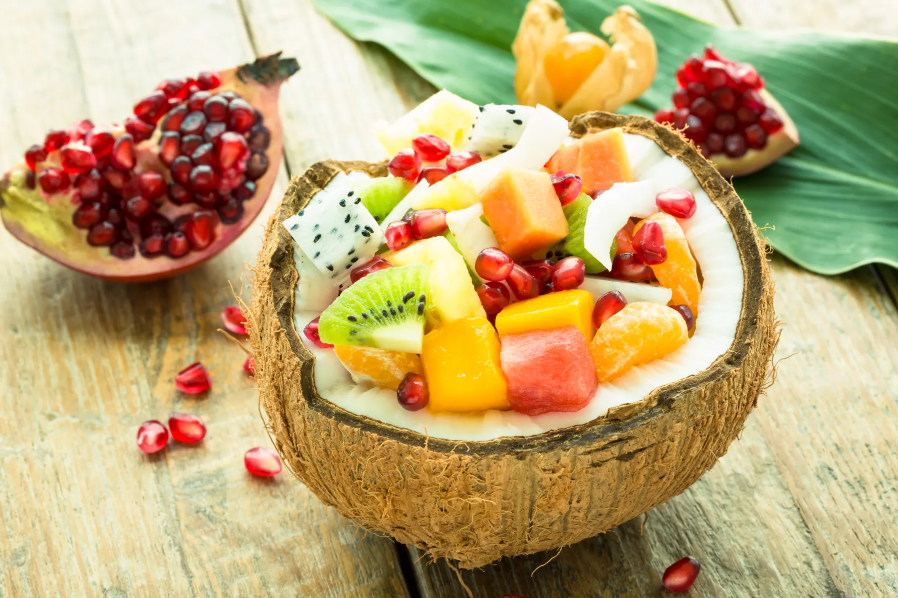 Tropical fruit served in a coconut