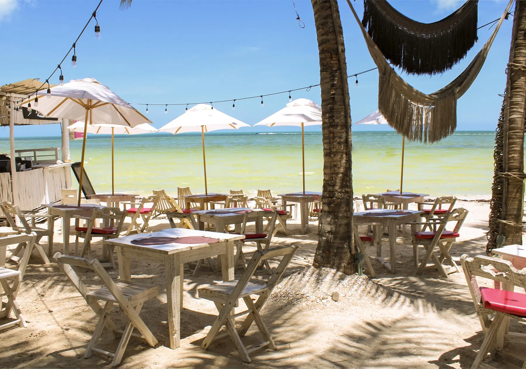 Beach club tables on the sand under palm trees