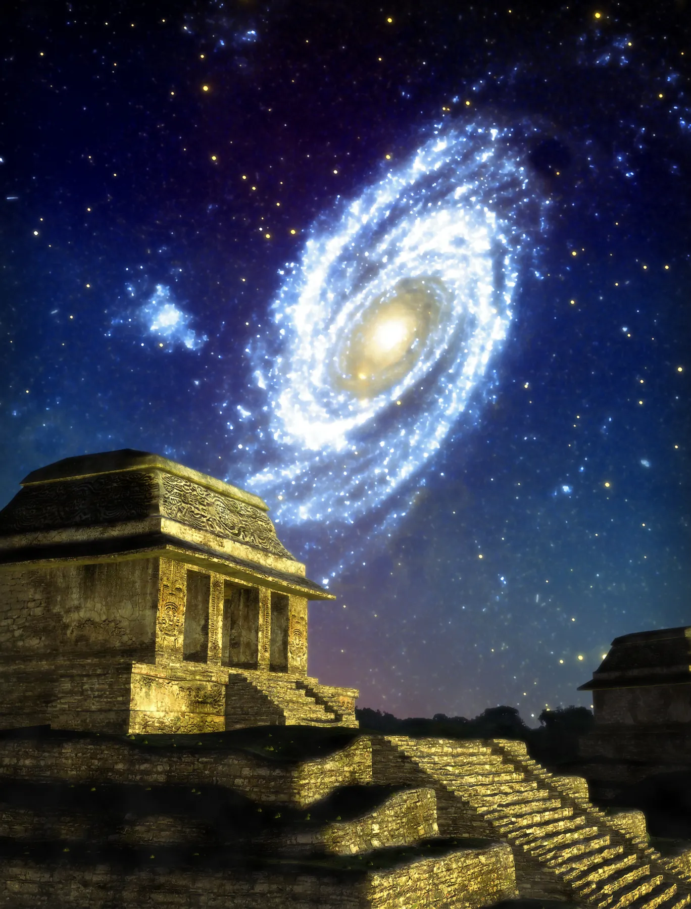 A Mayan pyramid under the night sky and the Milky Way