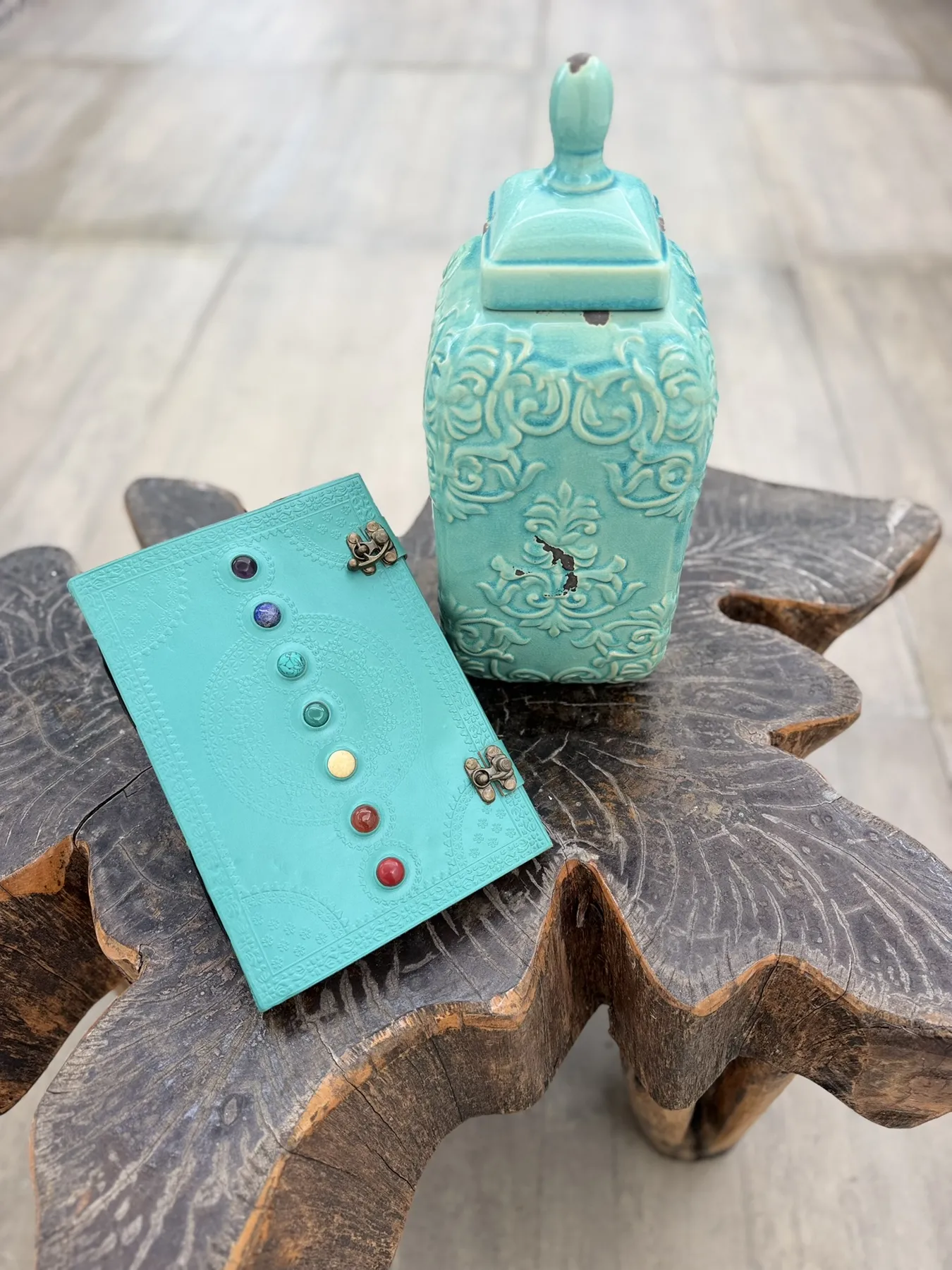 The handmade Indian journal, turquoise with a column of coloured stones